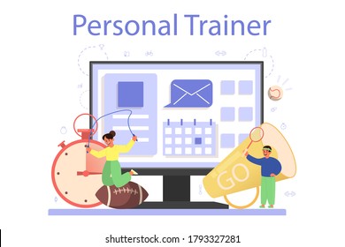Physical education or school sport class online service or platform. Students doing excercise in the gym with sport equipment. Personal trainer. Vector illustration