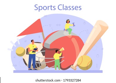 Physical education or school sport class concept. Students doing excercise in the gym with sport equipment. Basketball, football, swimming and cheerleading. Vector illustration