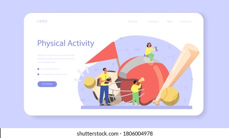 Physical education or school sport class web banner or landing page. Students doing excercise in the gym with sport equipment. Basketball, football, swimming and cheerleading. Vector illustration