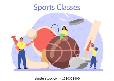 Physical education or school sport class concept. Students doing excercise in the gym with sport equipment. Basketball, football, swimming and cheerleading. Vector illustration