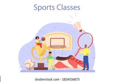 Physical education or school sport class concept. Students doing excercise in the gym with sport equipment. Basketball, football, swimming and cheerleading. Vector illustration