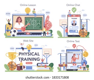 Physical education or school sport class online service or platform set. Students doing excercise in gym with sport equipment. Online lesson, chat with professor, website, test. Vector illustration