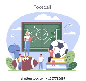 Physical Education Or School Sport Class Concept. Students Doing Excercise In The Gym With Sport Equipment. Football Training Class. Vector Illustration