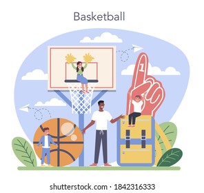 Physical Education Or School Sport Class Concept. Students Doing Excercise In The Gym With Sport Equipment. Basketball Training. Vector Illustration