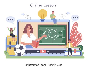 Physical education or school sport class online service or platform. Students doing excercise in gym with sport equipment. Online lesson. Vector illustration
