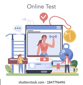 Physical Education Or School Sport Class Online Service Or Platform. Students Doing Excercise In Gym With Sport Equipment. Online Lesson. Vector Illustration