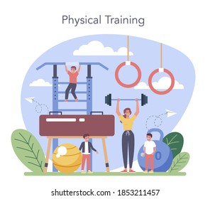 Physical Education Or School Sport Class Concept. Students Doing Excercise In The Gym With Sport Equipment. Physical Training. Vector Illustration