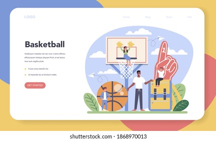 Physical education or school sport class web banner or landing page. Students doing excercise in the gym with sport equipment. Sport competition. Vector illustration