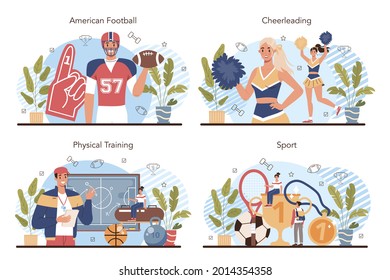 Physical Education Or School Sport Class Concept Set. American Football And Cheerleading Club. Students Doing Excercise In The Gym With Sport Equipment. Flat Vector Illustration