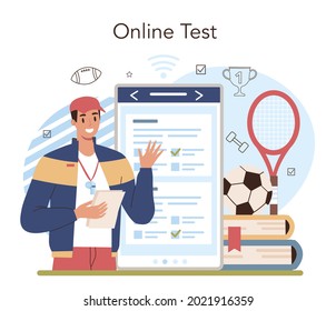 Physical education or school sport class online service or platform. American football and cheerleading club. Students doing excercise. Online test. Flat vector illustration