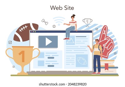 Physical education or school sport class online service or platform. American football and cheerleading club. Students doing excercise. Website. Flat vector illustration