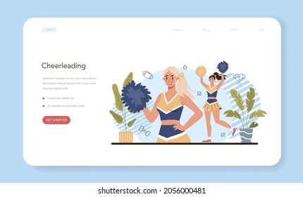 Physical education or school sport class web banner or landing page. Cheerleading club team. Students doing excercise in the gym with sport equipment. Flat vector illustration