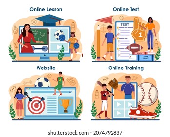 Physical Education Or School Sport Class Online Service Or Platform Set. Students Doing Excercise In The Gym With Sport Equipment. Online Lesson, Test, Training, Website. Flat Vector Illustration