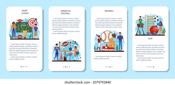 Physical education or school sport class mobile application banner set. American football and baseball club. Students doing excercise in the gym with sport equipment. Flat vector illustration