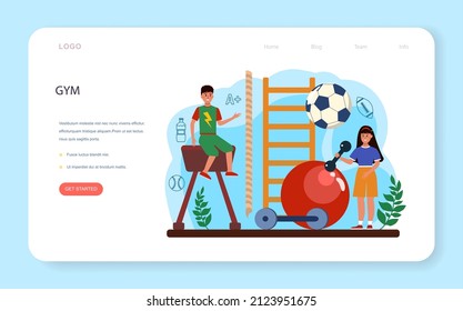 Physical education or school sport class web banner or landing page set. Students doing excercise in the gym with sport equipment. Flat vector illustration