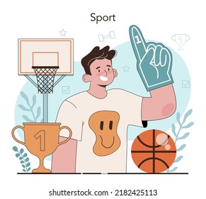 Physical education or school sport class concept. Physical training and cheerleading club. Students doing excercise in the gym with sport equipment. Flat vector illustration