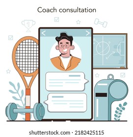 Physical Education Or School Sport Class Online Service Or Platform. Physical Training And Cheerleading Club. Online Coach Consultation. Vector Illustration