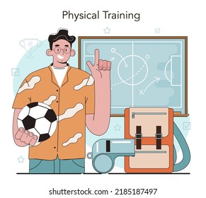 Educación física o concepto de clase deportiva escolar. Entrenamiento físico y animador club. Estudiantes haciendo ejercicio en el gimnasio con equipamiento deportivo. Ilustración vectorial plana