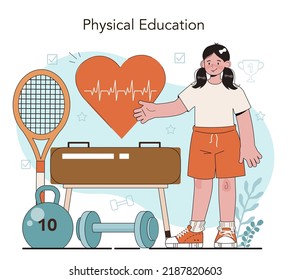 Physical education or school sport class concept. Physical training and cheerleading club. Students doing excercise in the gym with sport equipment. Flat vector illustration