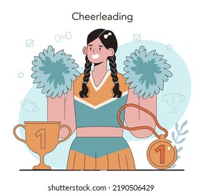 Physical Education Or School Sport Class Concept. Physical Training And Cheerleading Club. Students Doing Excercise In The Gym With Sport Equipment. Flat Vector Illustration