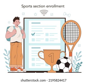 Physical education or school sport class online service or platform. Physical training and cheerleading club. Online sport section enrollment. Vector illustration