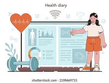 Physical Education Or School Sport Class Online Service Or Platform. Physical Training And Cheerleading Club. Online Health Diary. Vector Illustration