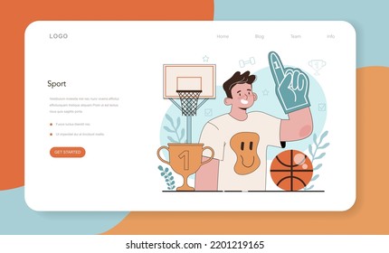 Physical education or school sport class web banner or landing page. Physical training and cheerleading club. Students doing excercise in the gym with sport equipment. Flat vector illustration