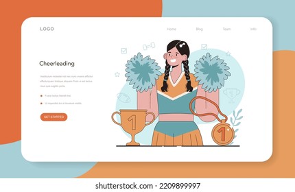 Physical education or school sport class web banner or landing page. Physical training and cheerleading club. Students doing excercise in the gym with sport equipment. Flat vector illustration