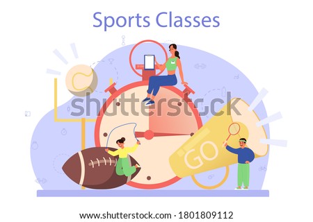 Physical education or school sport class concept. Students doing excercise in the gym with sport equipment. Basketball, football, swimming and cheerleading. Vector illustration