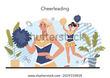 Physical education or school sport class concept. Cheerleading club team. Students doing excercise in the gym with sport equipment. Flat vector illustration
