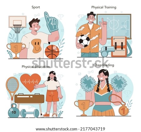 Physical education or school sport class concept set. Physical training and cheerleading club. Students doing excercise in the gym with sport equipment. Flat vector illustration