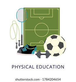 Physical education school subject poster with football field, soccer ball and other sport activity equipment on white background. Cartoon vector illustration.