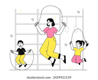 La educación física es simple. Mujer saltar a la cuerda con niño y niña. Estilo de vida activo y deportes. Profesor con alumnos en el gimnasio. Doodle Ilustración vectorial plana aislada sobre fondo blanco