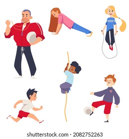 Physical education sport lesson at school for kids, isolated children training. Clipart of kids at PE class at school gym. Boy running, girl doing push ups and jump rope, black kid climbing rope.