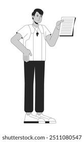 Professor de educação física segurando papel preto e branco caractere de linha 2D. Homem de roupas esportivas com apito. Indiano masculino pe treinador isolado vetor delinear pessoa. Ilustração de ponto monocromático