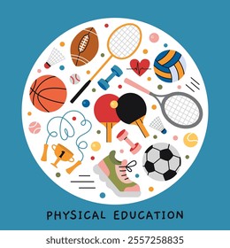 Physical education training, lesson at school, sports and active lifestyle concept. Round art with ball, racket, sneaker, dumbbell, jumping rope and cup. Vector illustration, hand drawn, flat