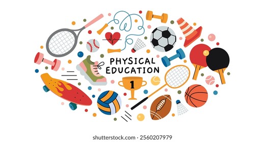 Physical education training, lesson at school, sports and active lifestyle concept. Oval art with ball, racket, sneaker, dumbbell, jumping rope and cup. Vector illustration, hand drawn, flat