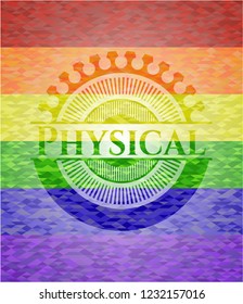 Physical emblem on mosaic background with the colors of the LGBT flag