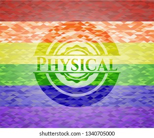 Physical emblem on mosaic background with the colors of the LGBT flag