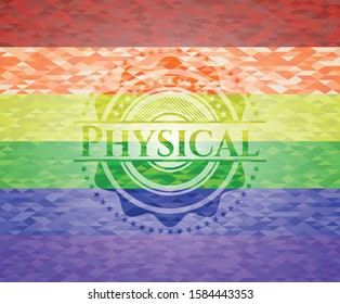 Physical emblem on mosaic background with the colors of the LGBT flag