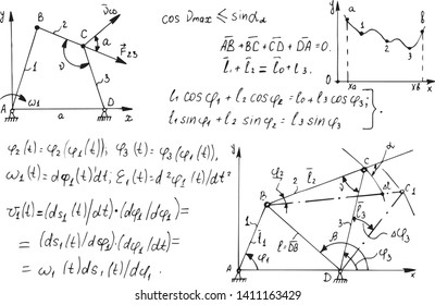 Physical equations, diagrams and formulas on whiteboard. Vector hand-drawn illustration. Education and scientific  background.