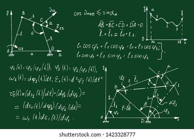 Physical equations, diagrams and formulas on chalkboard. Vector hand-drawn illustration. Education and scientific  background.