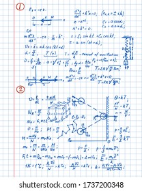 Physical equations, diagrams and formulas on workbook. Vector hand-drawn illustration. Education and scientific  background.