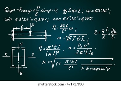 Physical equations and formulas on school board. Vector hand-drawn illustration.