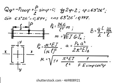 Physical equations and formulas on whiteboard. Education and scientific vector background.
