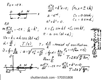 Physical equations and formulas on whiteboard. Vector hand-drawn illustration. Education background.