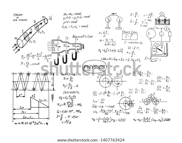 ホワイトボード上の物理的な数式と数式 ベクター手描きのイラスト 教育と科学セット のベクター画像素材 ロイヤリティフリー