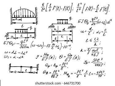 Physical equations, formulas and schemes on whiteboard. Vector hand-drawn illustration. Vintage scientific and educational background.