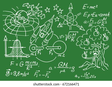 Physical equations, formulas and schemes on chalkboard. The law of force of gravity. Vector hand-drawn illustration. Vintage scientific and educational background.