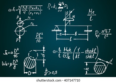 Physical equations on school board. Vector hand-drawn illustration.